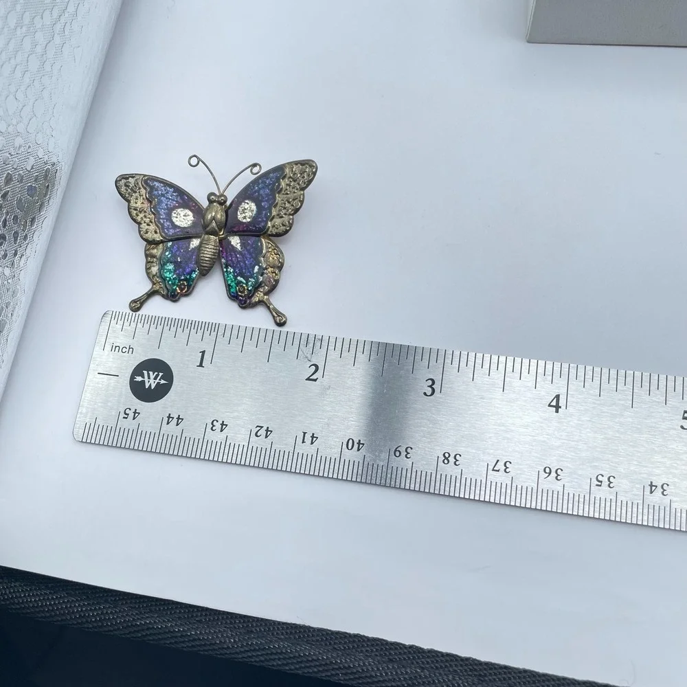 Vintage Gold-Tone Multicolor Patina Dye Enamel Blue Glitter Butterfly Brooch Pin